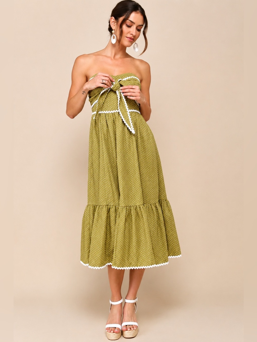 👗 Lulus Strapless Polka Dot Tie Front Midi Dress Large NWT 🤍